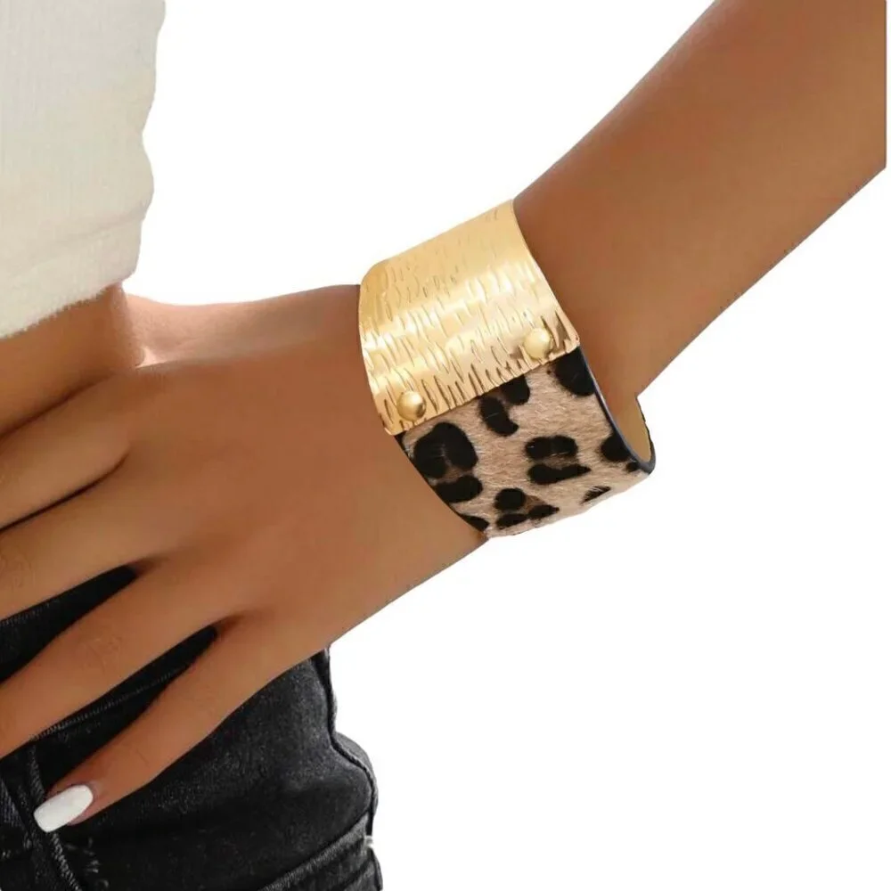 New Statement Leopard Print Bracelet Gold Textured Metal Wide Animal Print